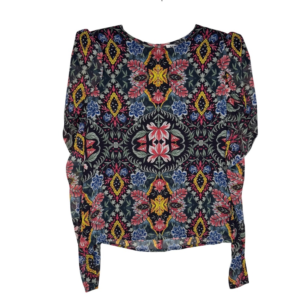 Rebecca Minkoff Womens Floral Puff Shoulder Chiffon Blouse Black Multi Size S